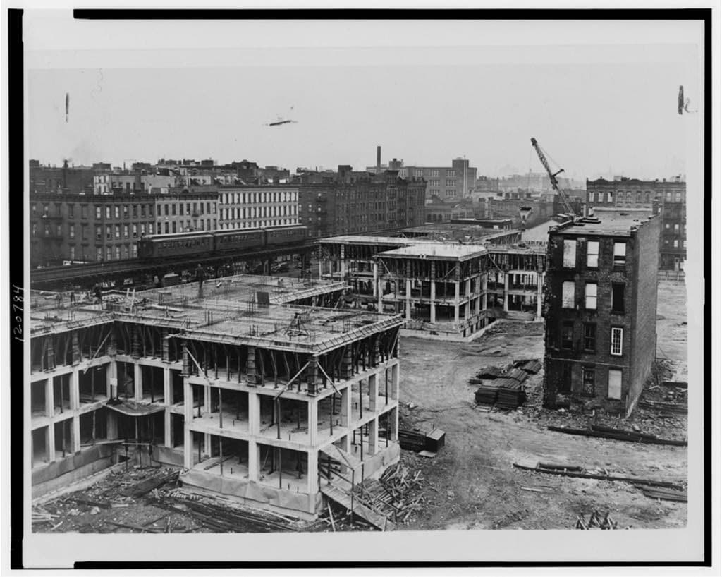 James Weldon Johnson Houses at completion in December 1948, ten fourteen-story towers between East 112th Street and East 115th Street, looking south and east from Park Avenue.